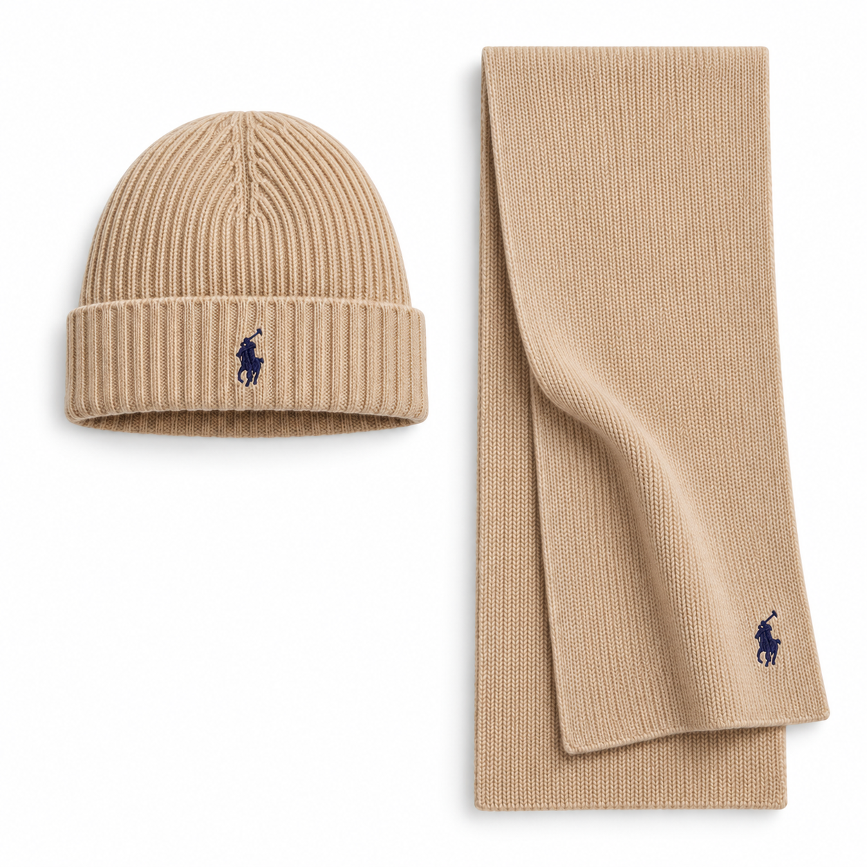 Μπεζ πλεκτό σετ με μπλε λογότυπο Polo Mpez Plekto Set Me Mple Logotypo Polo